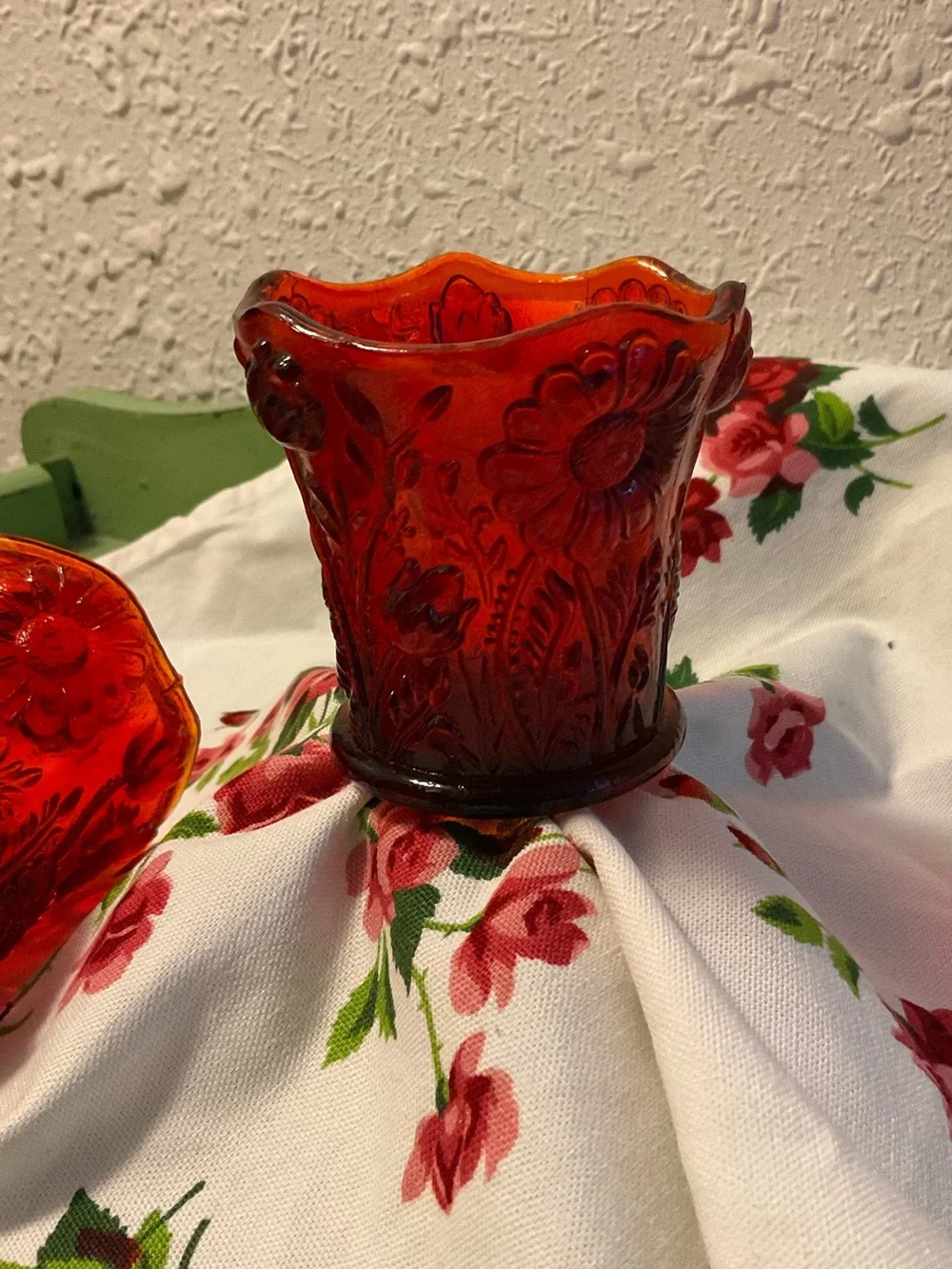GLOWS Vintage  Red Amberina Peg Votive Holder Textured floral pattern